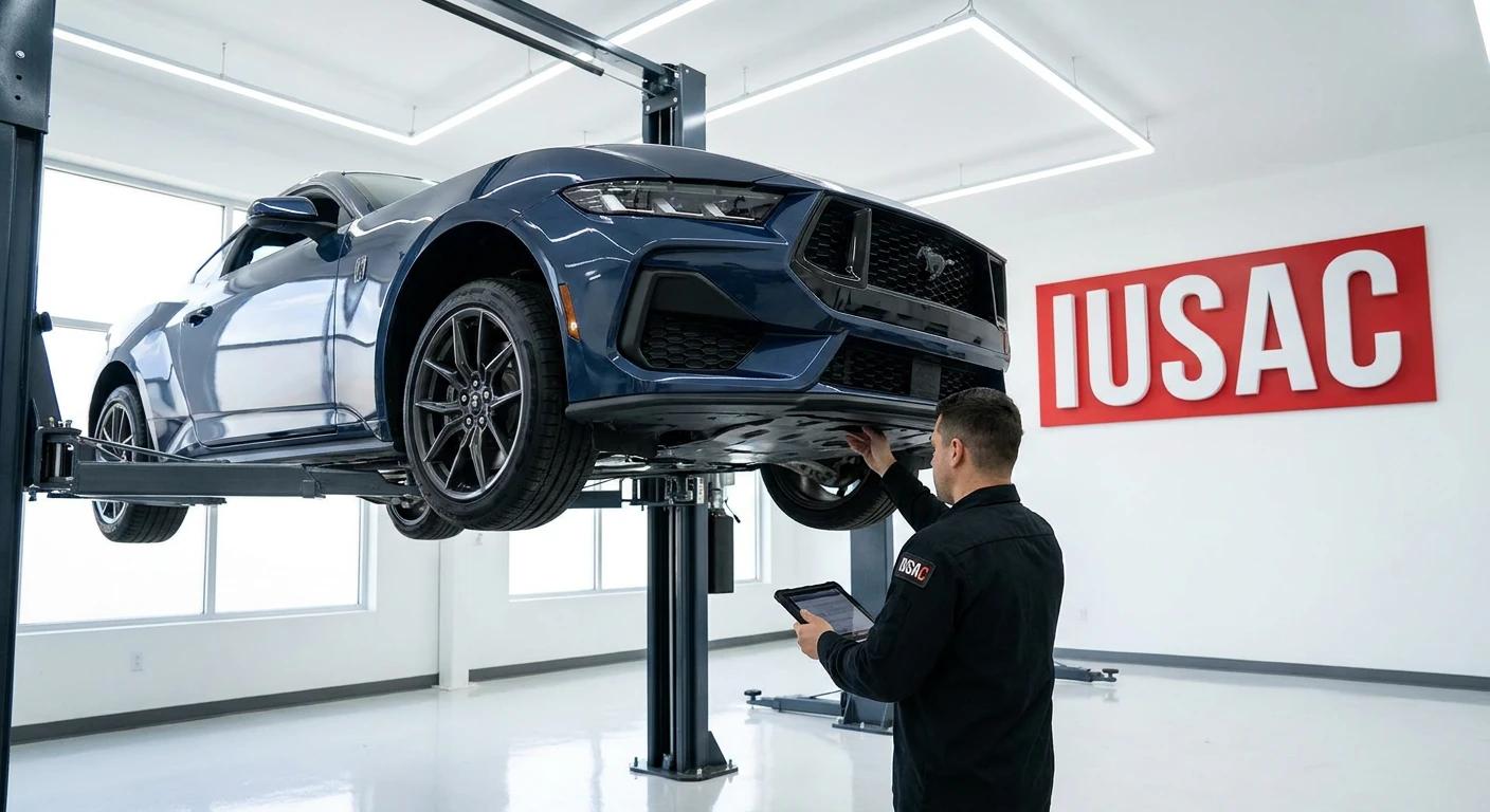 Mechanik IUSAC sprawdzający podwozie Forda Mustanga 2025 za pomocą tabletu diagnostycznego