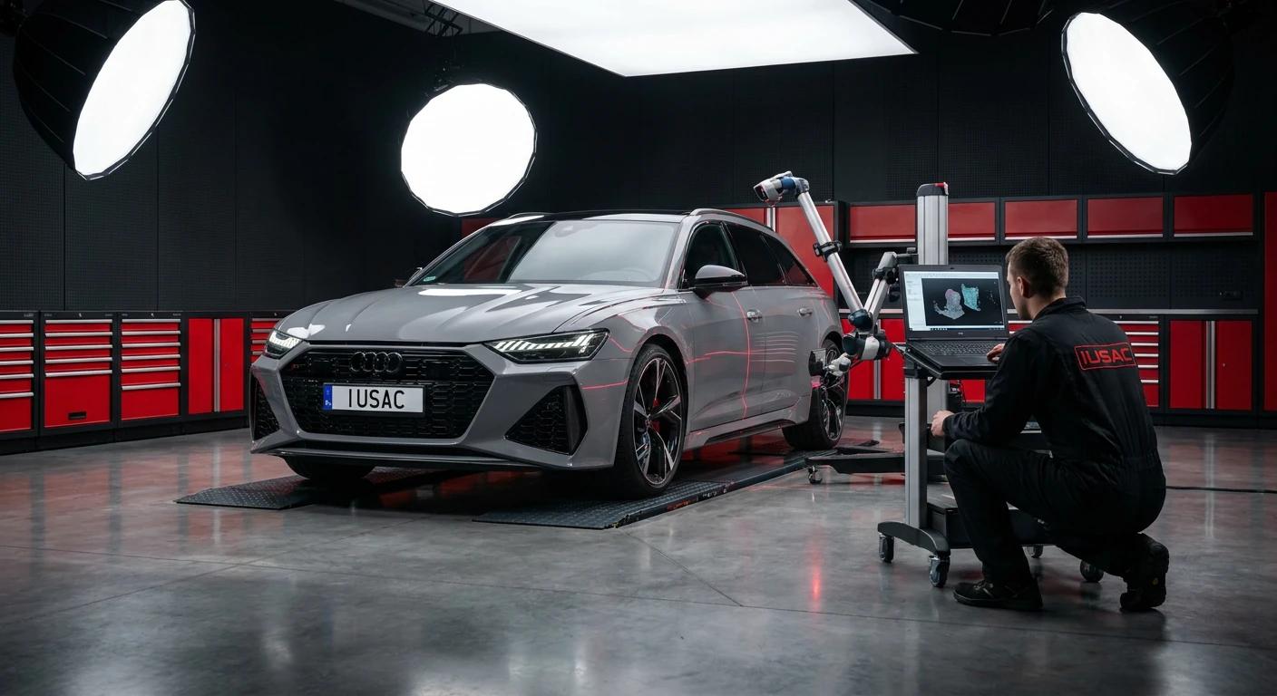 Inżynier IUSAC wykonujący laserowy skan geometrii nadwozia Audi RS6 2024 przed naprawą