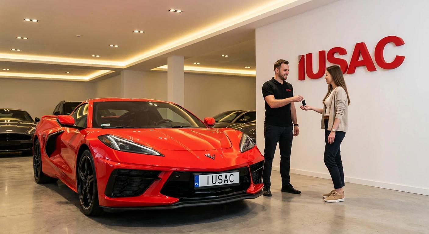 Zadowolony klient odbierający kluczyki do sprowadzonego Chevroleta Corvette C8 2024 od doradcy IUSAC