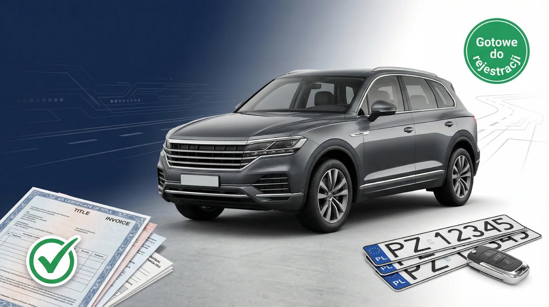 Samochod z USA gotowy do rejestracji w Polsce - klucze, dokumenty i tablice rejestracyjne na tle auta z amerykanskiej aukcji