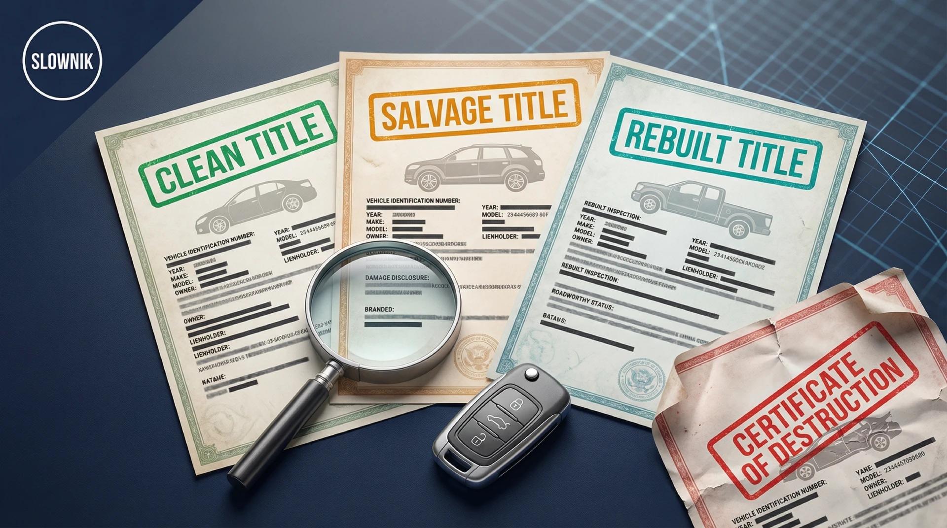 Slownik tytulow pojazdow z USA - clean title, salvage title, rebuilt title i certificate of destruction na tle dokumentow aukcyjnych Copart i IAAI