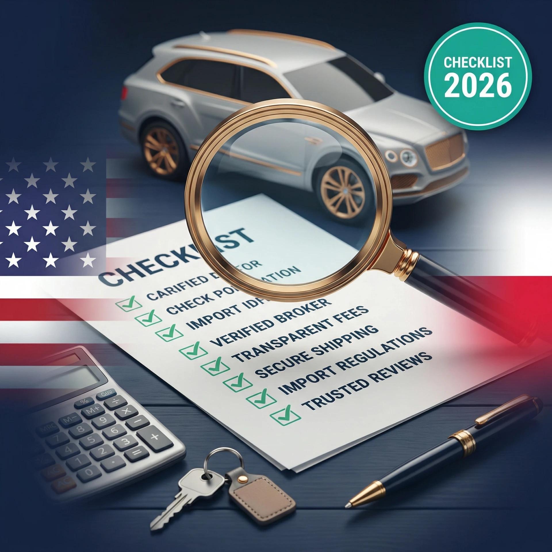 Jak wybrać firmę do importu auta z USA - checklista z lupą powiększającą dokument umowy na tle samochodu