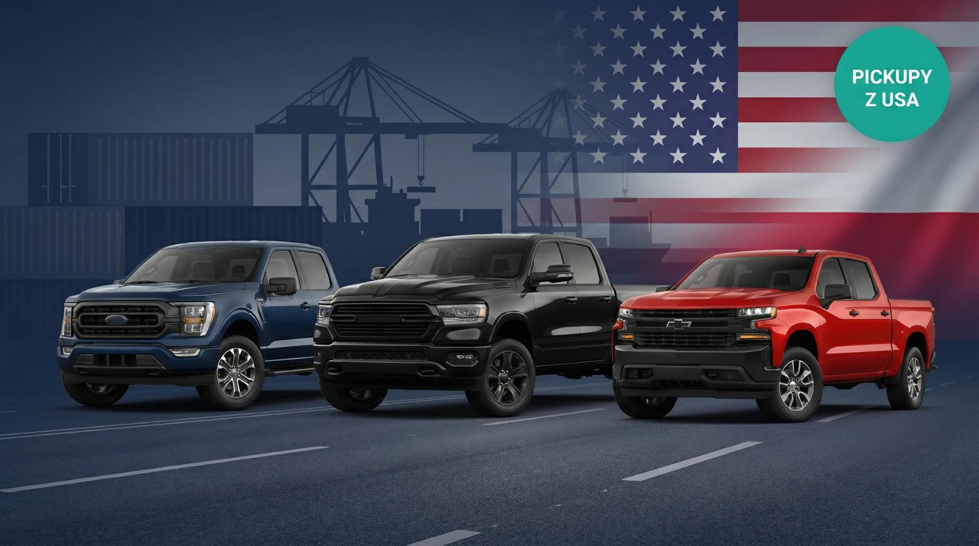 Import pickupów z USA do Polski - Ford F-150, RAM 1500 i Chevrolet Silverado na tle portu morskiego z kontenerem