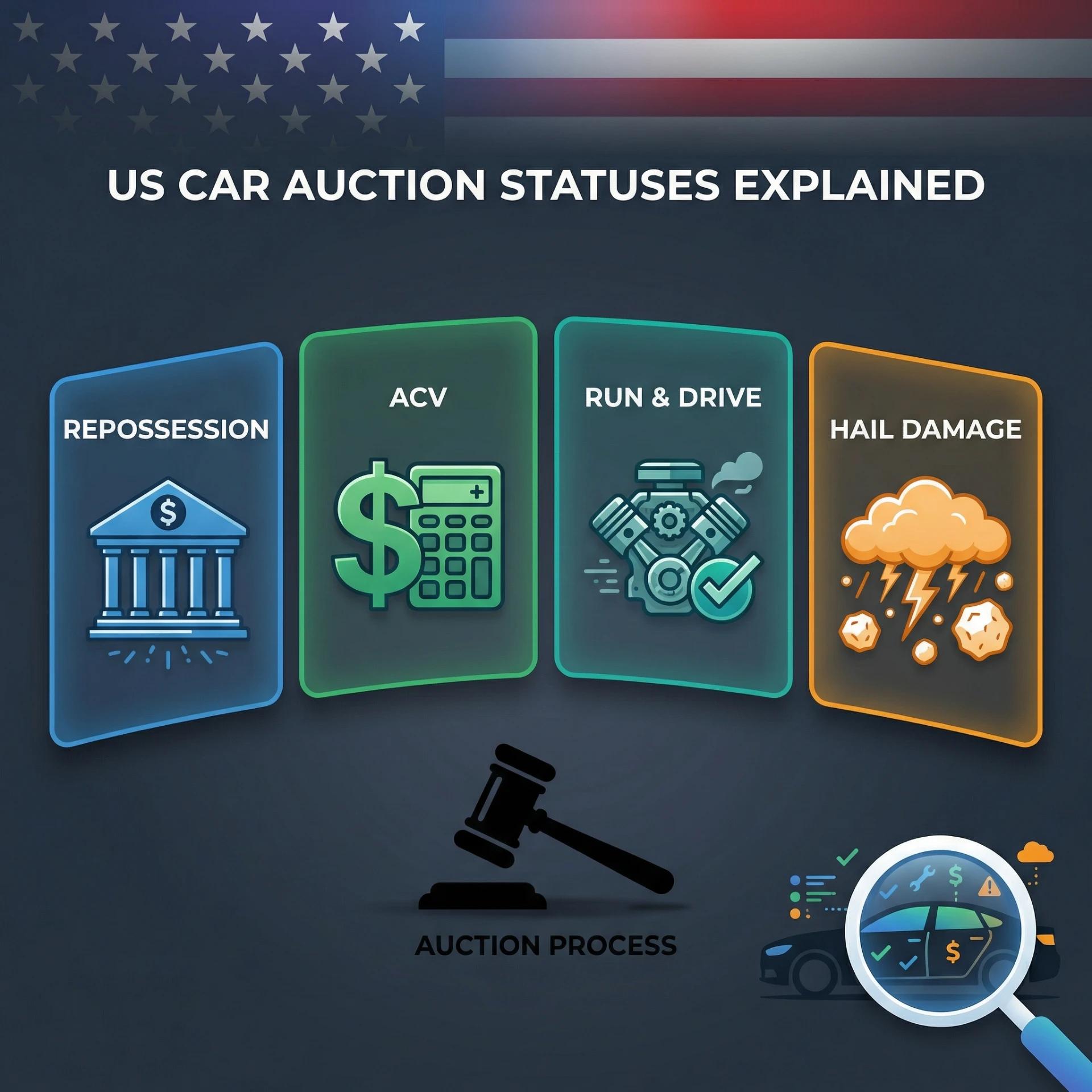 Statusy aut na aukcjach USA - słownik terminów Copart i IAAI z ikonami run and drive, repossession, hail damage, ACV