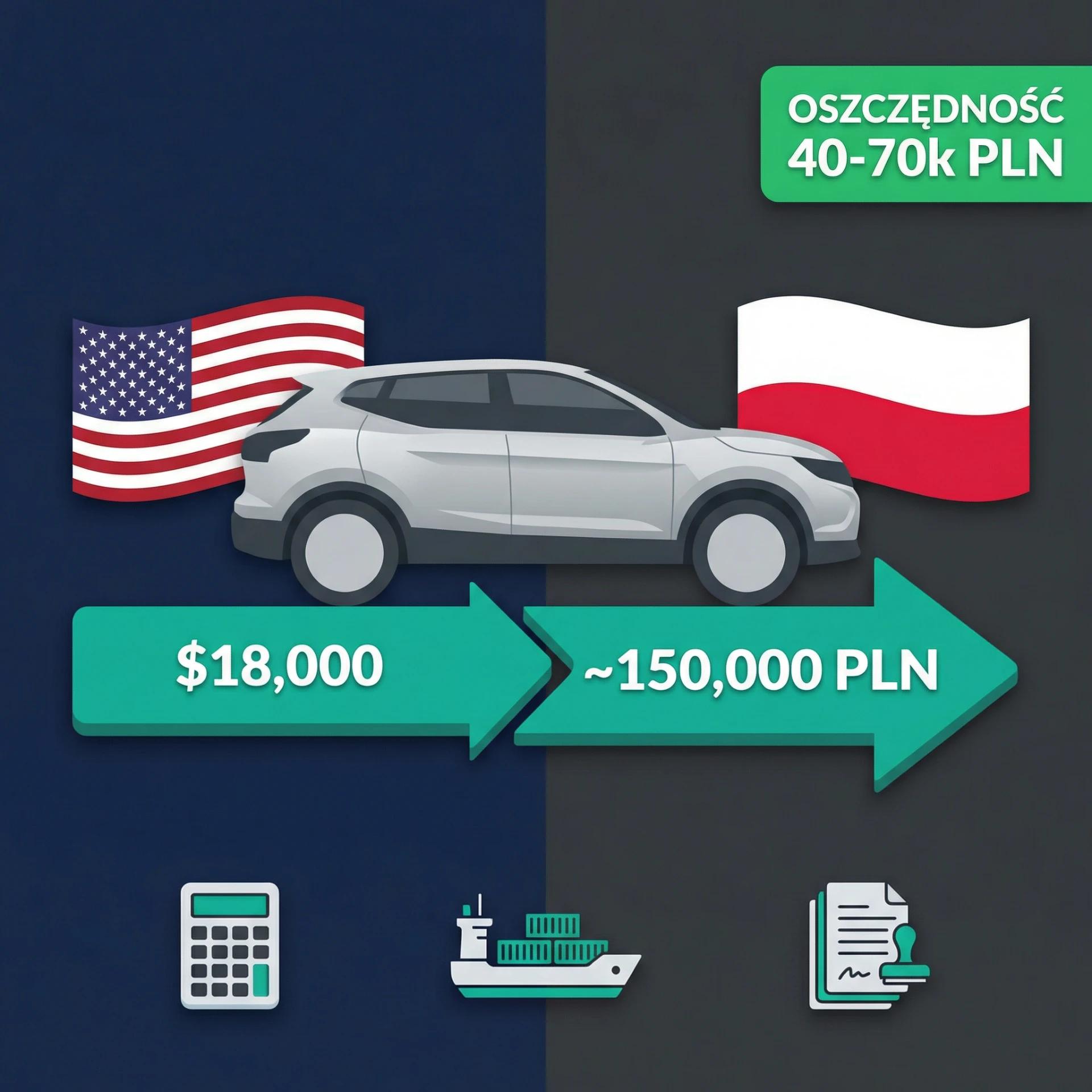 Toyota RAV4 Hybrid import z USA do Polski - kalkulacja kosztów 2026 z symbolami cła, akcyzy i oszczędności