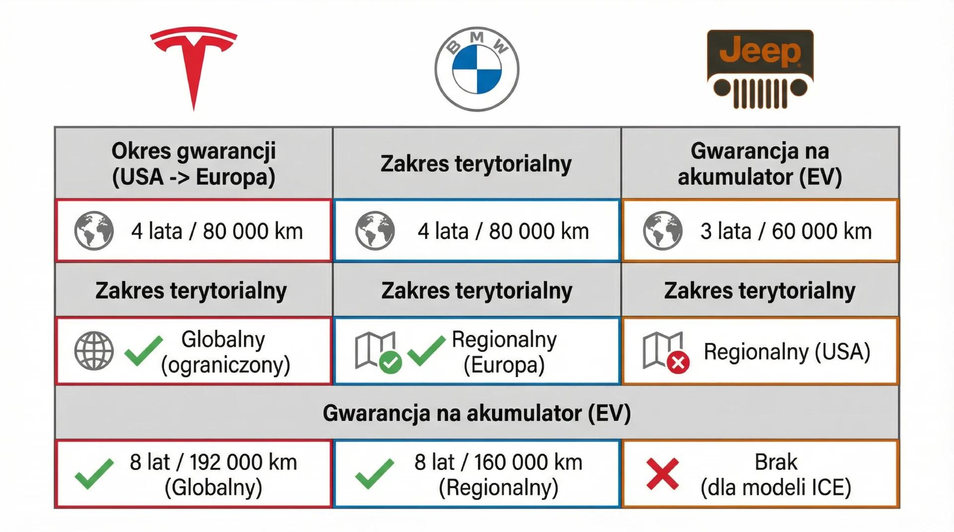 Porównanie polityki gwarancyjnej po imporcie z USA: Tesla (globalna), BMW (terytorialna), Jeep/Stellantis (USA)