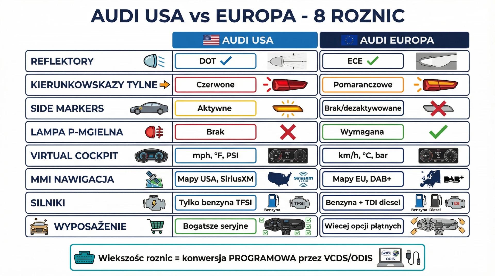 8 kluczowych różnic między Audi z USA a Audi z Europy - oświetlenie, kierunkowskazy, MMI, silniki