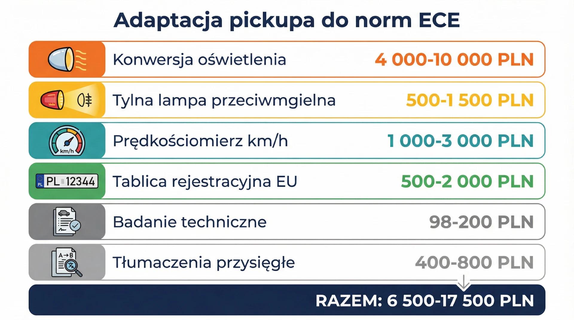 Lista kosztów adaptacji technicznej pickupa z USA do norm europejskich ECE - oświetlenie, prędkościomierz, tablica rejestracyjna