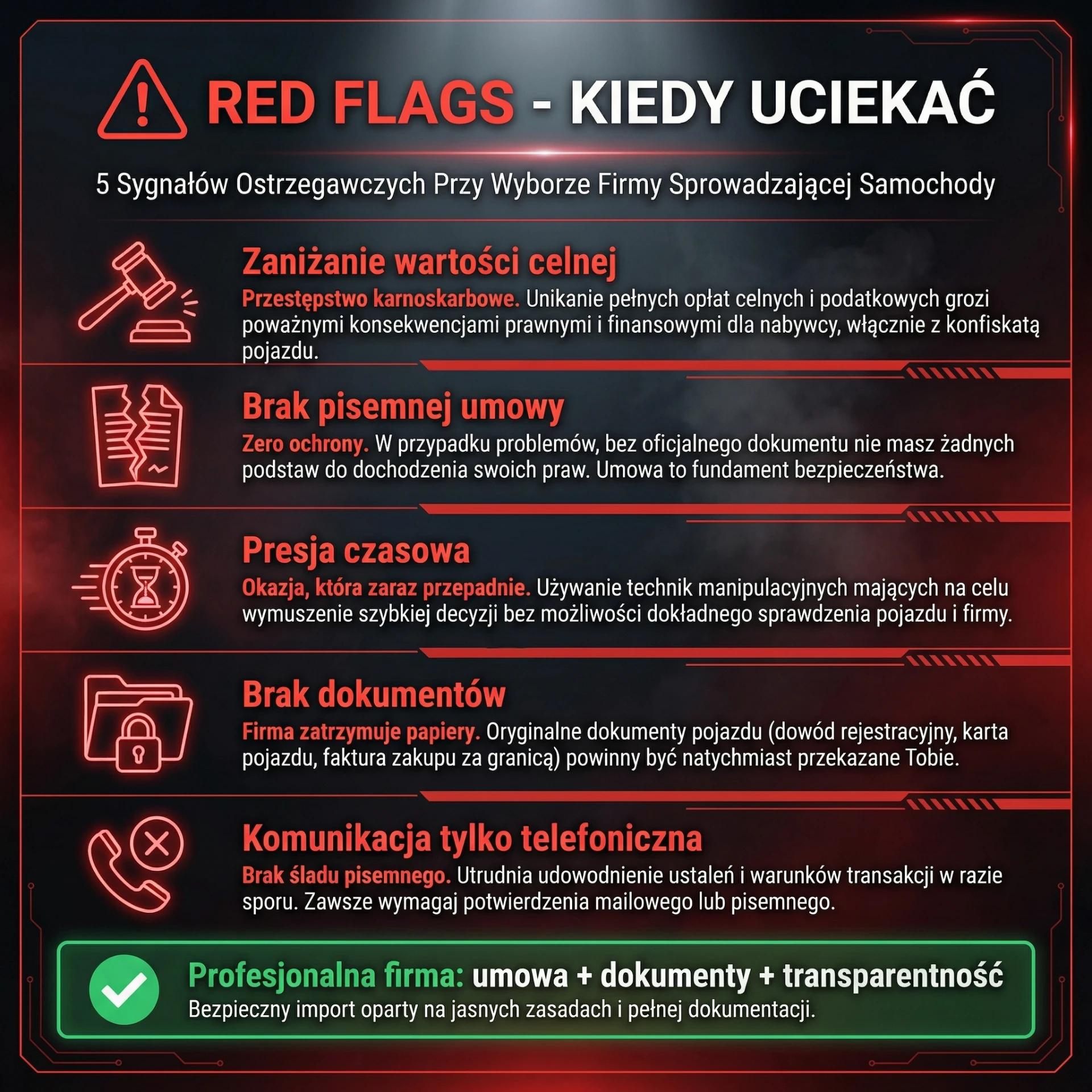 najważniejszych czerwonych flag przy wyborze firmy importowej - zaniżanie wartości celnej, brak umowy, presja czasowa