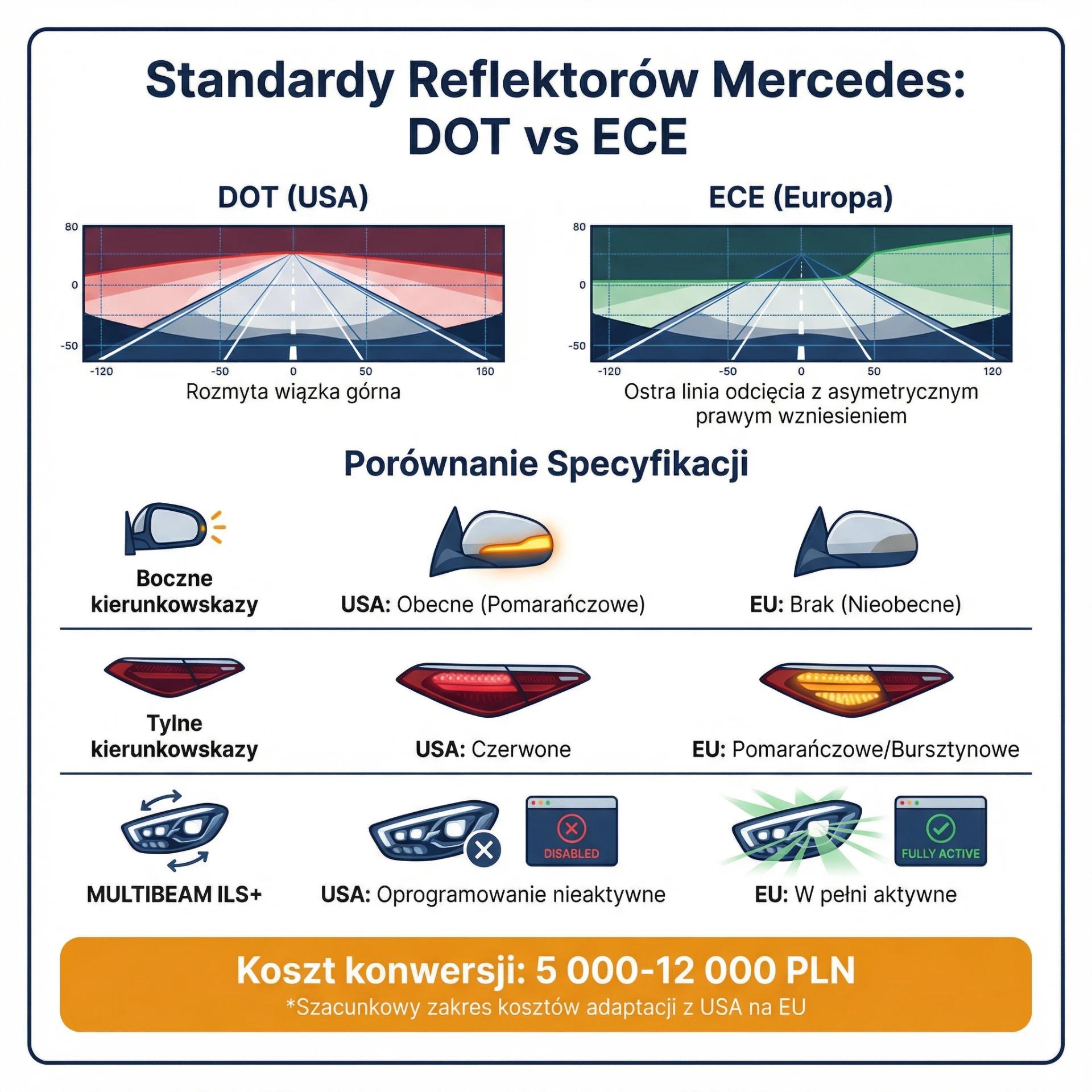 Porównanie reflektorów Mercedes-Benz DOT (USA) vs ECE (Europa) - wzór świecenia, side markers, kierunkowskazy