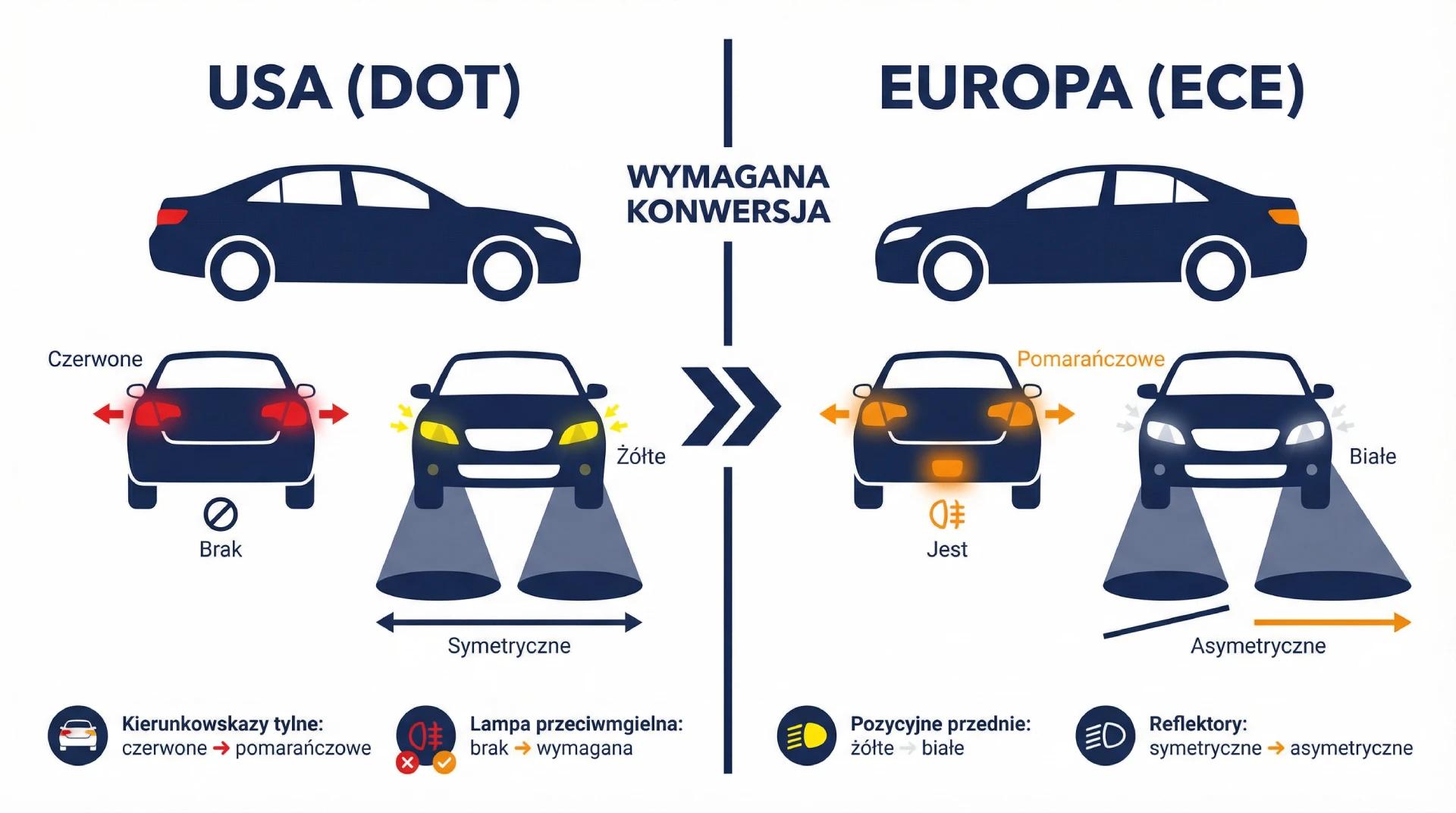 Schemat różnic w oświetleniu samochodu USA versus Europa - kierunkowskazy, światła pozycyjne, lampa przeciwmgielna tylna i asymetria reflektorów