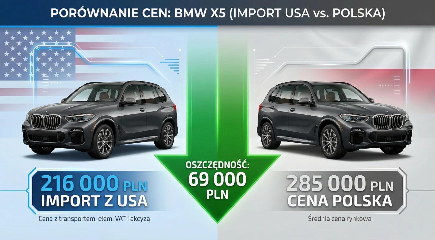 Grafika porównawcza split-screen BMW X5 - po lewej cena importu z USA 216 000 PLN, po prawej cena polska 285 000 PLN, oszczędność 69 000 PLN zaznaczona zieloną strzałką