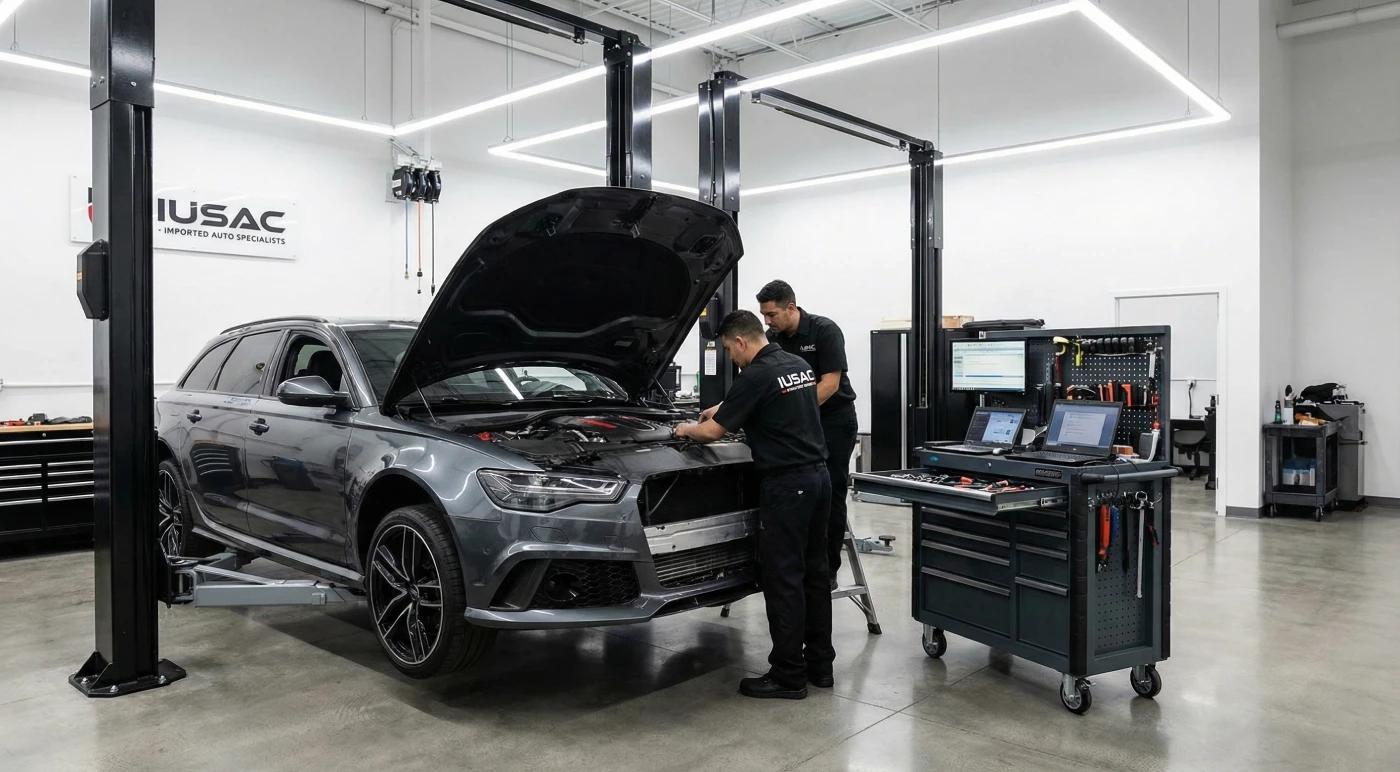 Warsztat samochodowy IUSAC z Audi na podnośniku, technicy w uniformach podczas naprawy auta sprowadzonego z USA, nowoczesne wyposażenie warsztatu