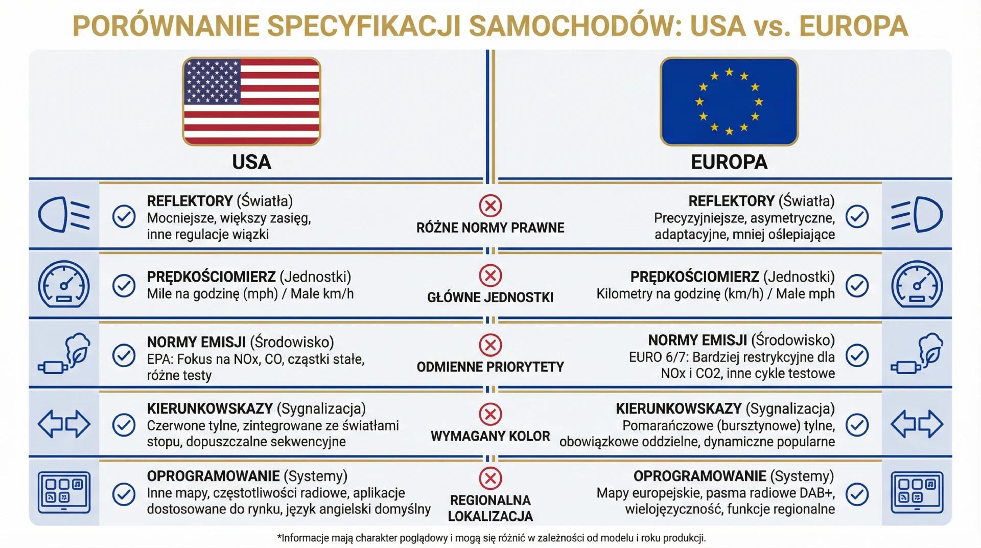 Checklist różnic USA vs Europa: oświetlenie, licznik mph/kmh, oprogramowanie, normy emisji, wyposażenie i homologacja