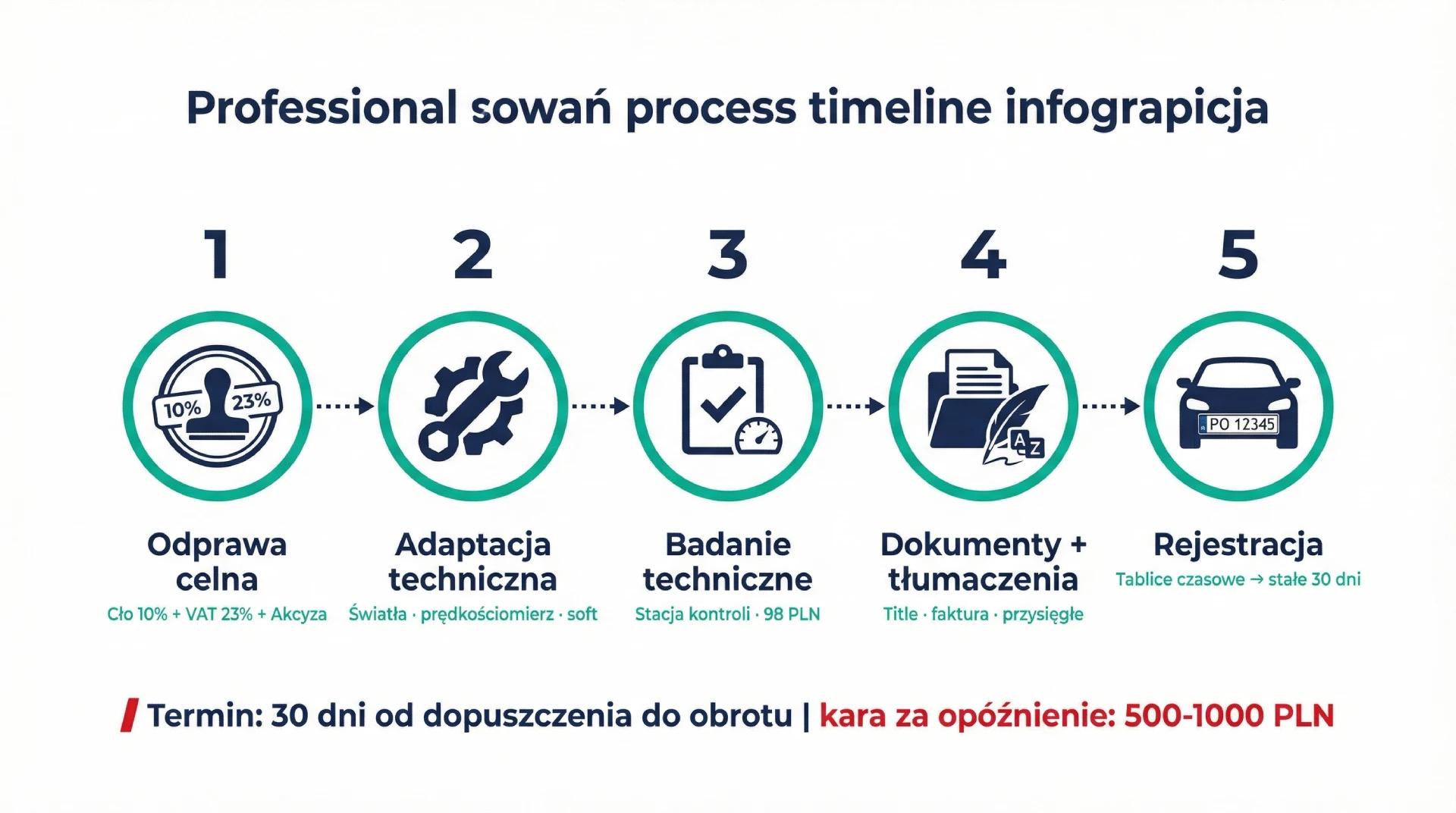 Pięcioetapowa ścieżka rejestracji auta z USA w Polsce - od odprawy celnej przez adaptację i badanie techniczne po wydział komunikacji