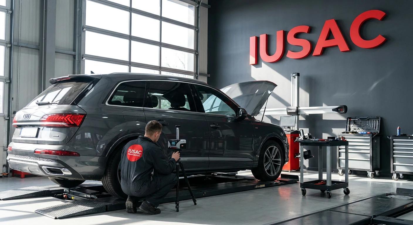 Technik IUSAC wykonujący laserowy pomiar geometrii nadwozia auta premium z USA