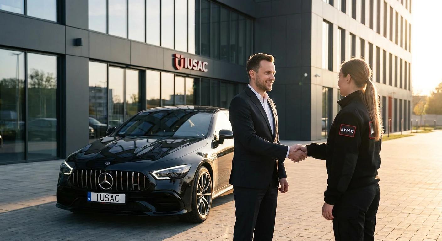 Zadowolony klient odbierający gotowe auto premium z USA pod siedzibą firmy IUSAC