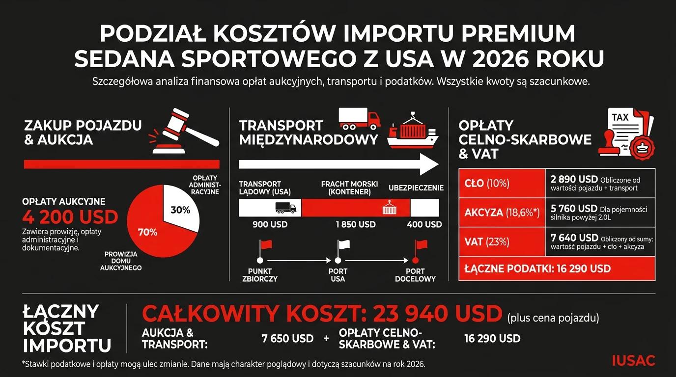 Infografika przedstawiająca koszty sprowadzenia Alfa Romeo Giulia z USA w 2026 roku