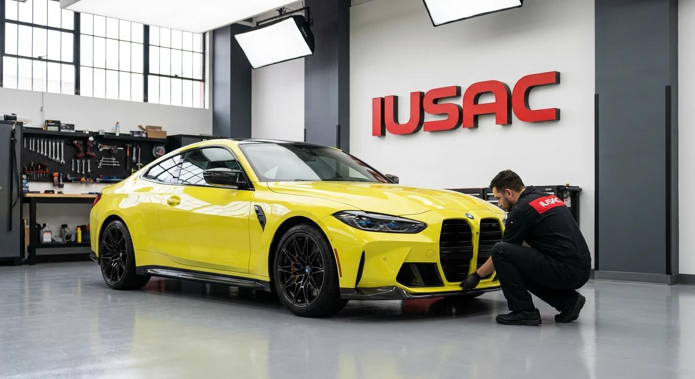 Technik IUSAC sprawdzający sportowe auto w nowoczesnym warsztacie na tle logo firmy