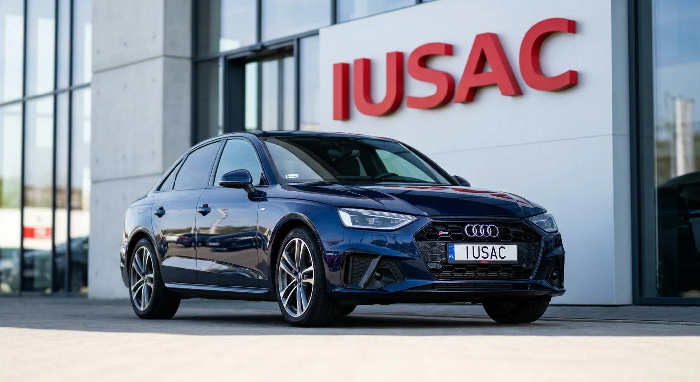 Niebieskie Audi A4 B9 S-line z USA zaparkowane przed nowoczesnym salonem IUSAC