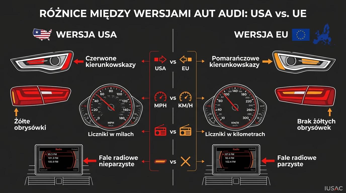 Infografika IUSAC przedstawiająca różnice w oświetleniu i licznikach między Audi z USA a wersją europejską