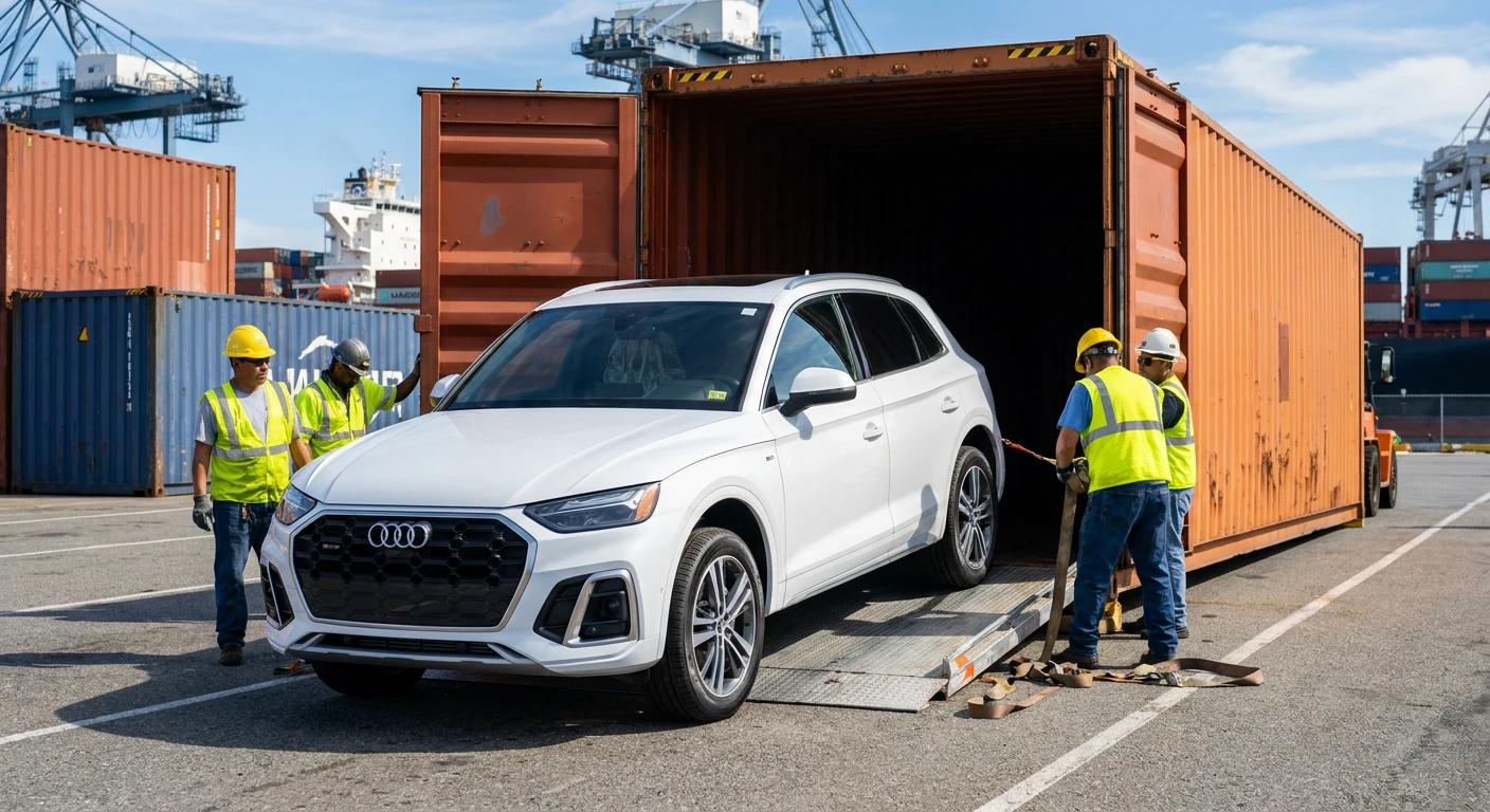 Białe Audi Q5 ładowane do kontenera morskiego w porcie w USA podczas procesu importu