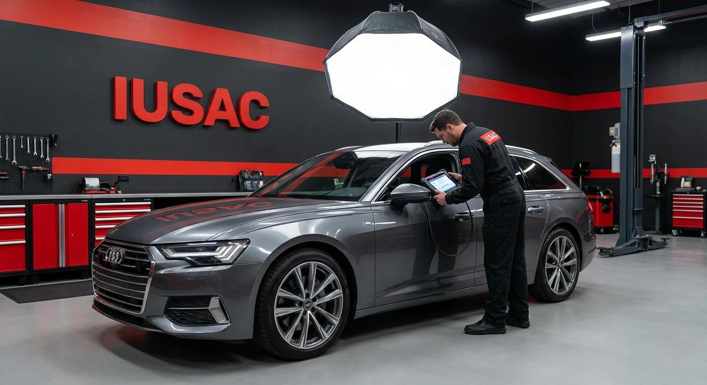 Technik IUSAC w czarnym kombinezonie kodujący system MMI w Audi A6 C8 w profesjonalnym warsztacie