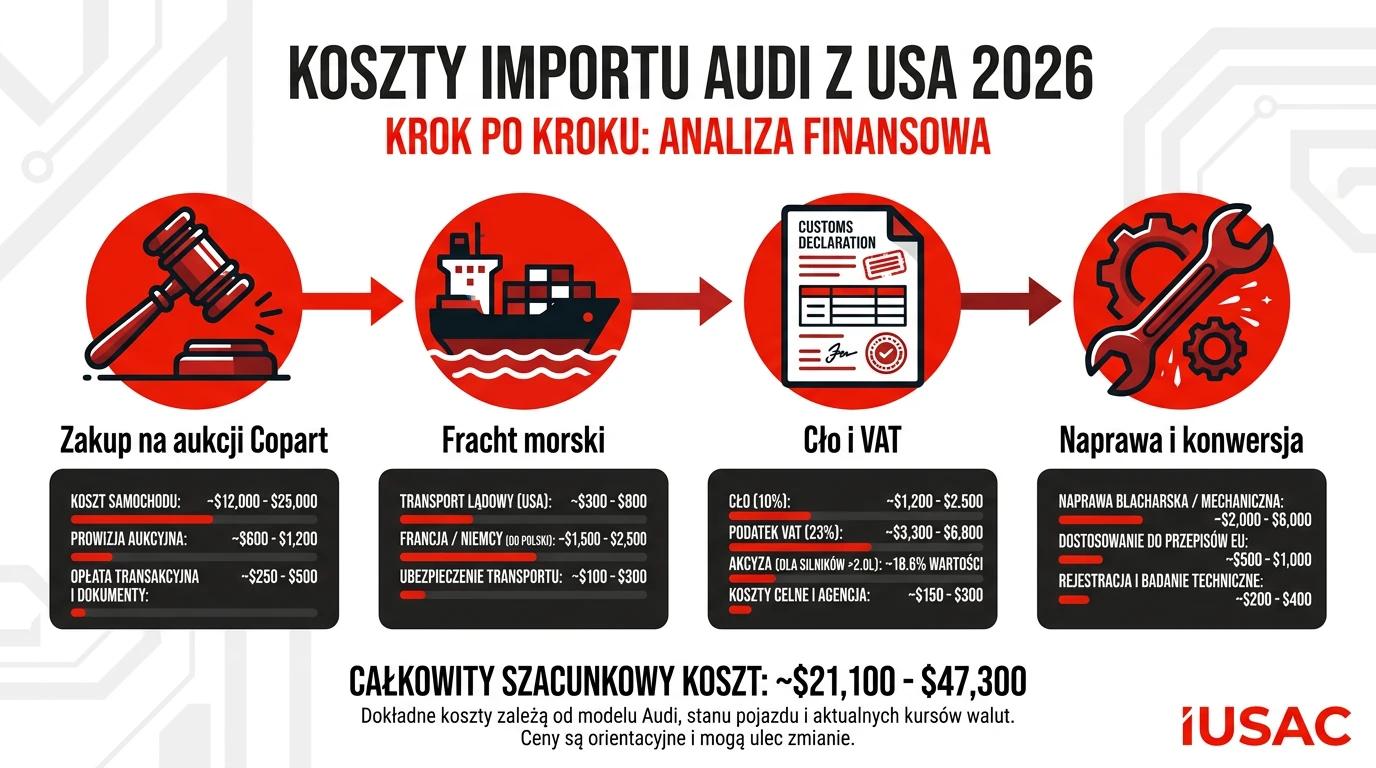 Schemat kosztów sprowadzenia Audi z USA w 2026 roku obejmujący aukcję, transport i cło