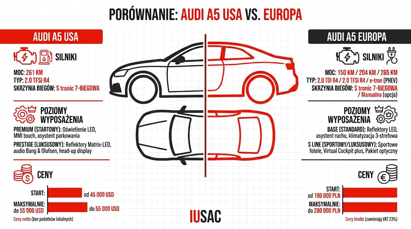 Infografika porównująca wyposażenie i ceny Audi A5 z USA oraz z Europy w 2026 roku.