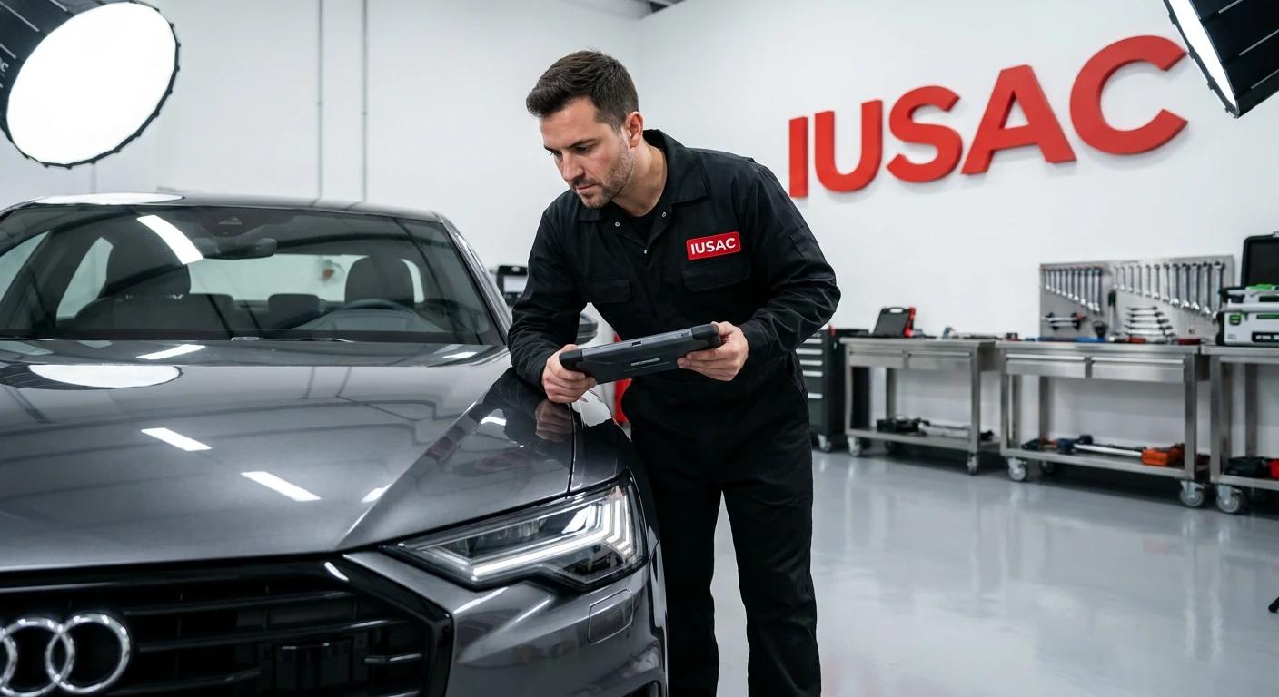 Technik IUSAC wykonujący konwersję oświetlenia Audi do europejskich wymogów homologacyjnych.