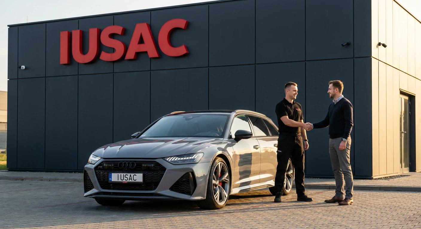 Zadowolony klient odbierający gotowe, sprowadzone z USA Audi przed biurem firmy IUSAC.