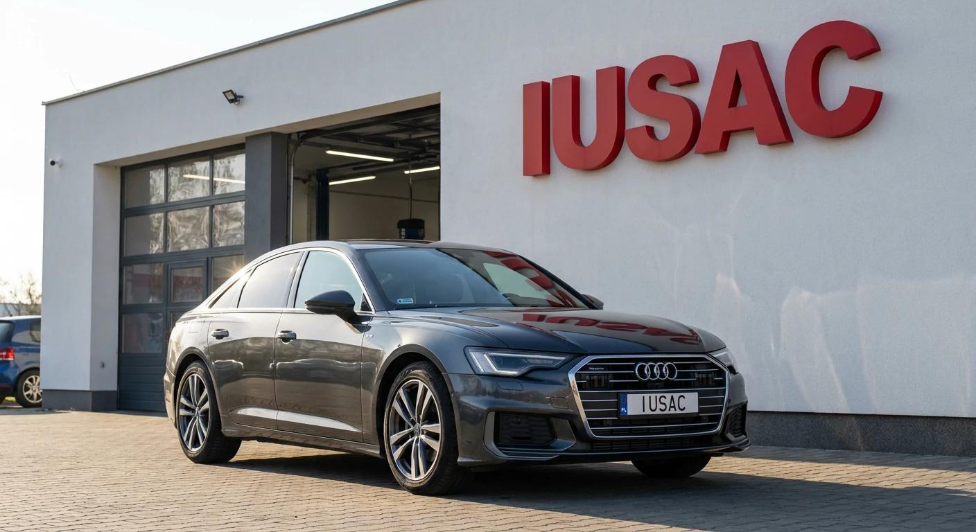 Szare Audi A6 C8 z USA zaparkowane przed nowoczesnym serwisem IUSAC w słoneczny dzień