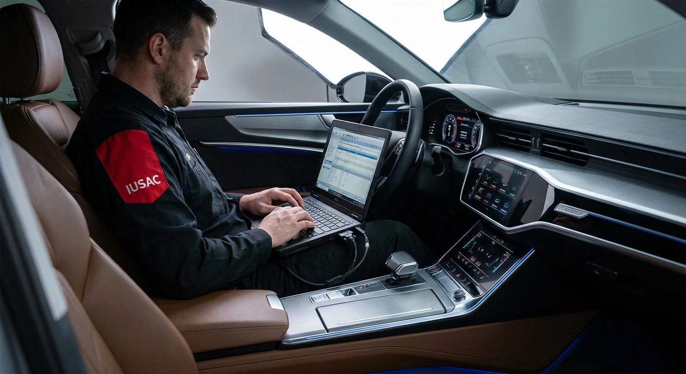 Technik IUSAC kodujący system MMI wewnątrz luksusowego Audi A6 z USA na język polski