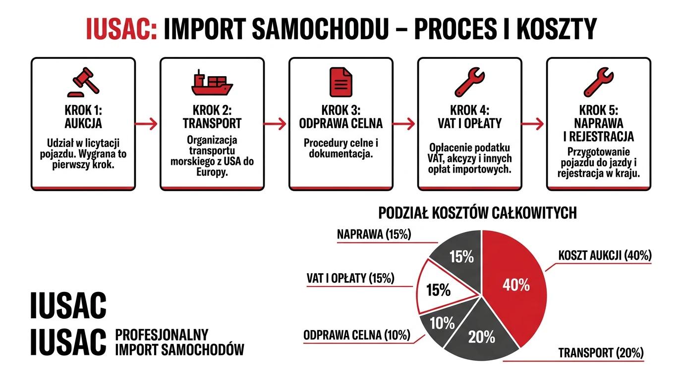Schemat kosztów importu Audi A6 z USA obejmujący licytację, transport, cło, VAT i akcyzę
