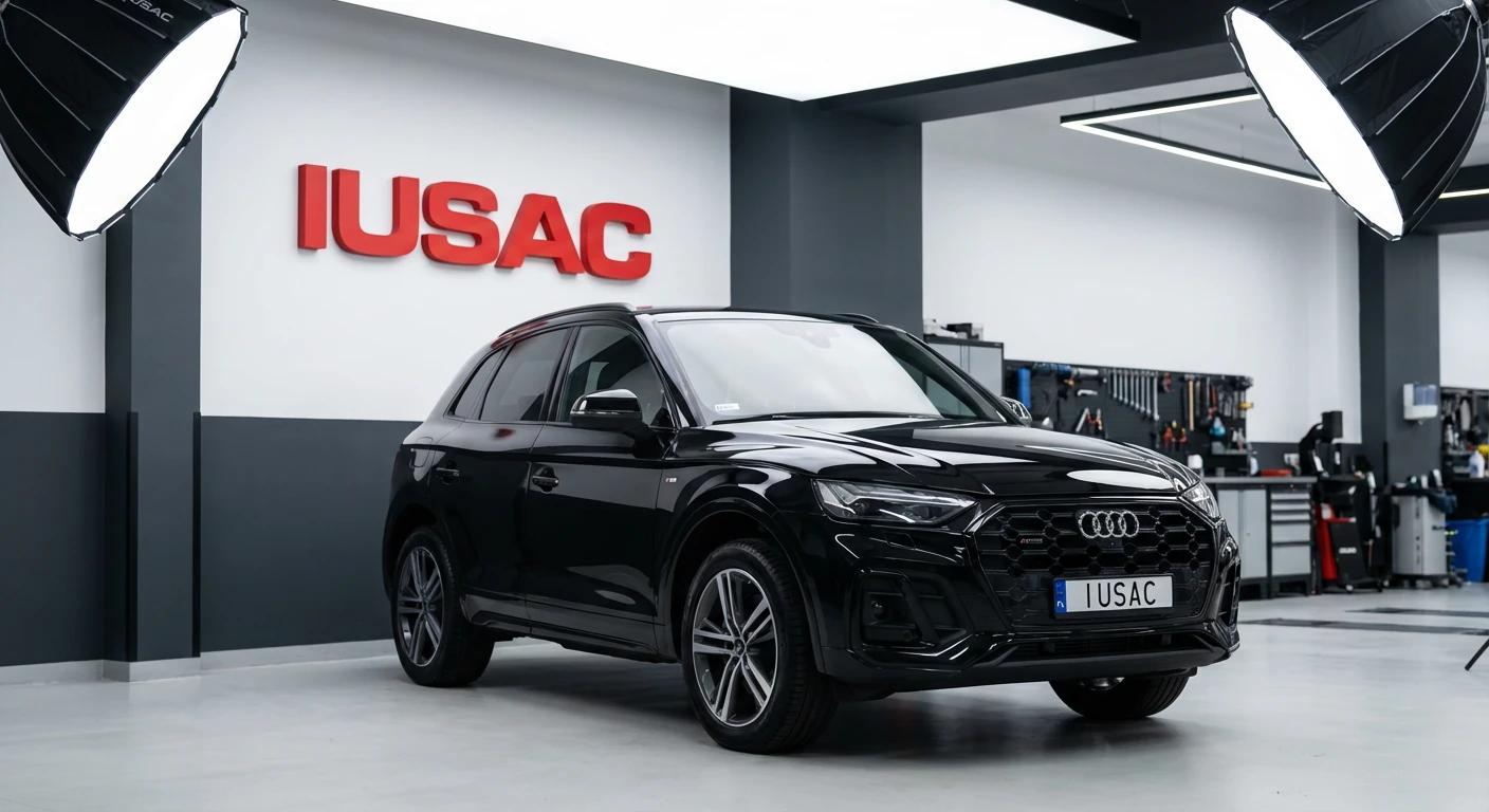 Czarne Audi Q5 z USA zaparkowane w nowoczesnym warsztacie IUSAC, gotowe do procesu konwersji na rynek europejski