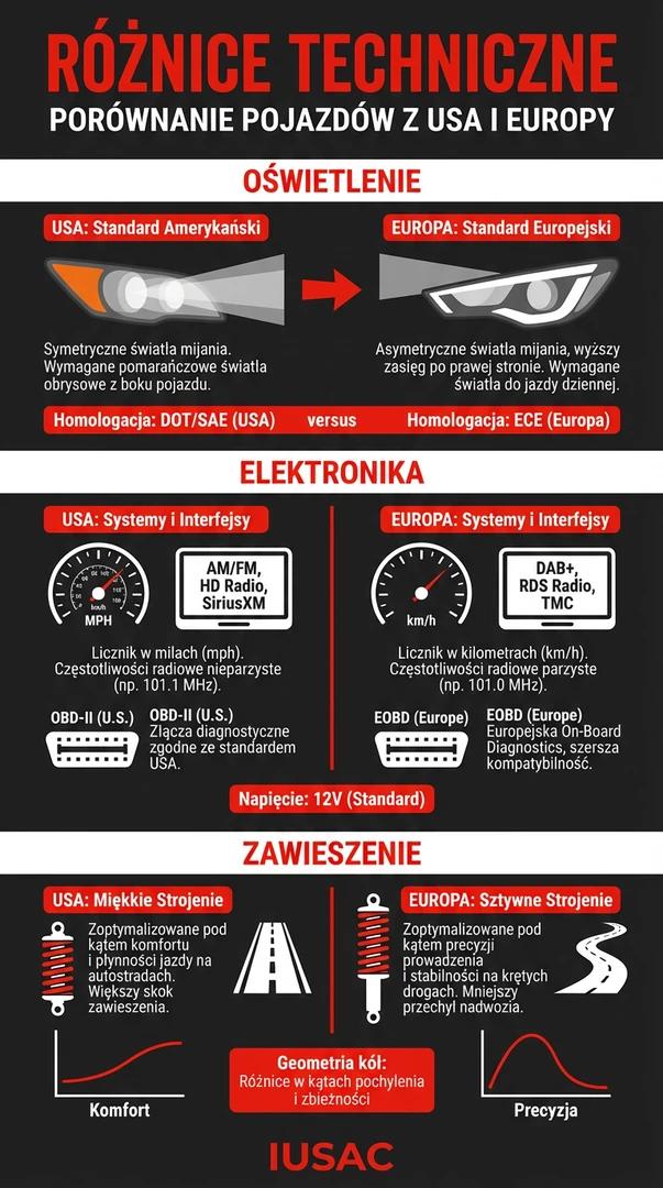 Infografika przedstawiająca główne różnice techniczne między Audi Q5 z USA a wersją europejską