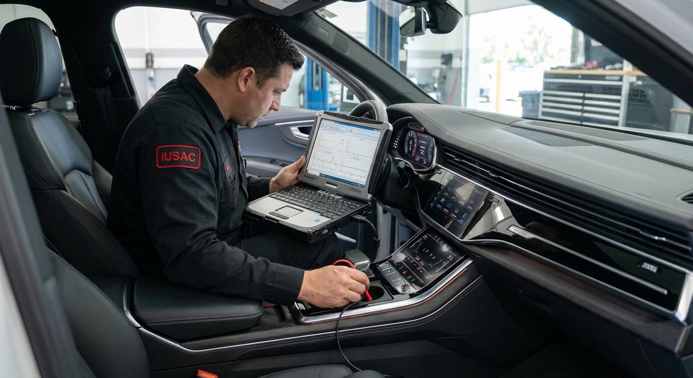 Technik IUSAC w czarnym kombinezonie kodujący elektronikę i polskie menu w systemie MMI Audi Q7