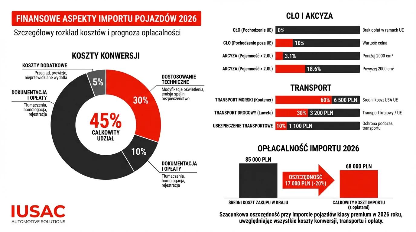 Wykres kosztów importu i konwersji Audi Q5 z USA w 2026 roku pokazujący opłacalność sprowadzenia