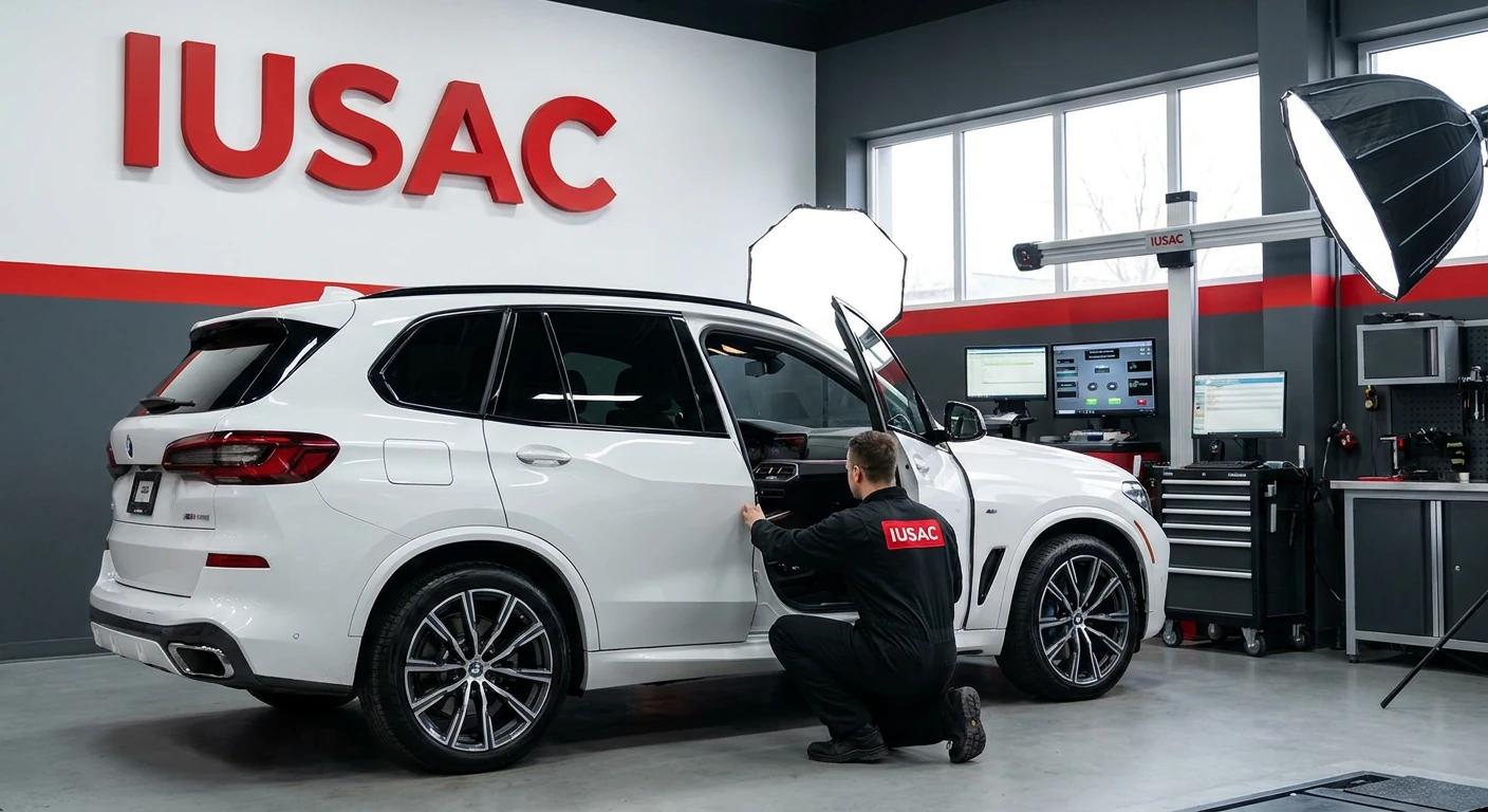 Ekspert IUSAC sprawdzający wnętrze BMW X5 z 2024 roku w nowoczesnym serwisie, unikając aut po zalaniu z USA