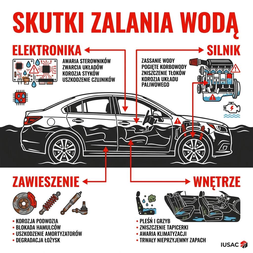 Infografika IUSAC przedstawiająca skutki zalania wodą i uszkodzenia elektroniki w nowoczesnych samochodach z USA