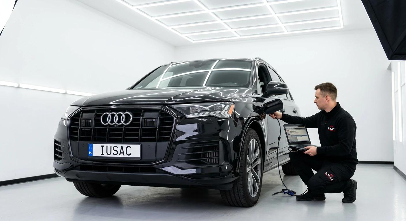Diagnostyka komputerowa Audi Q7 w warsztacie IUSAC, gwarantująca bezpieczeństwo importu aut z Ameryki