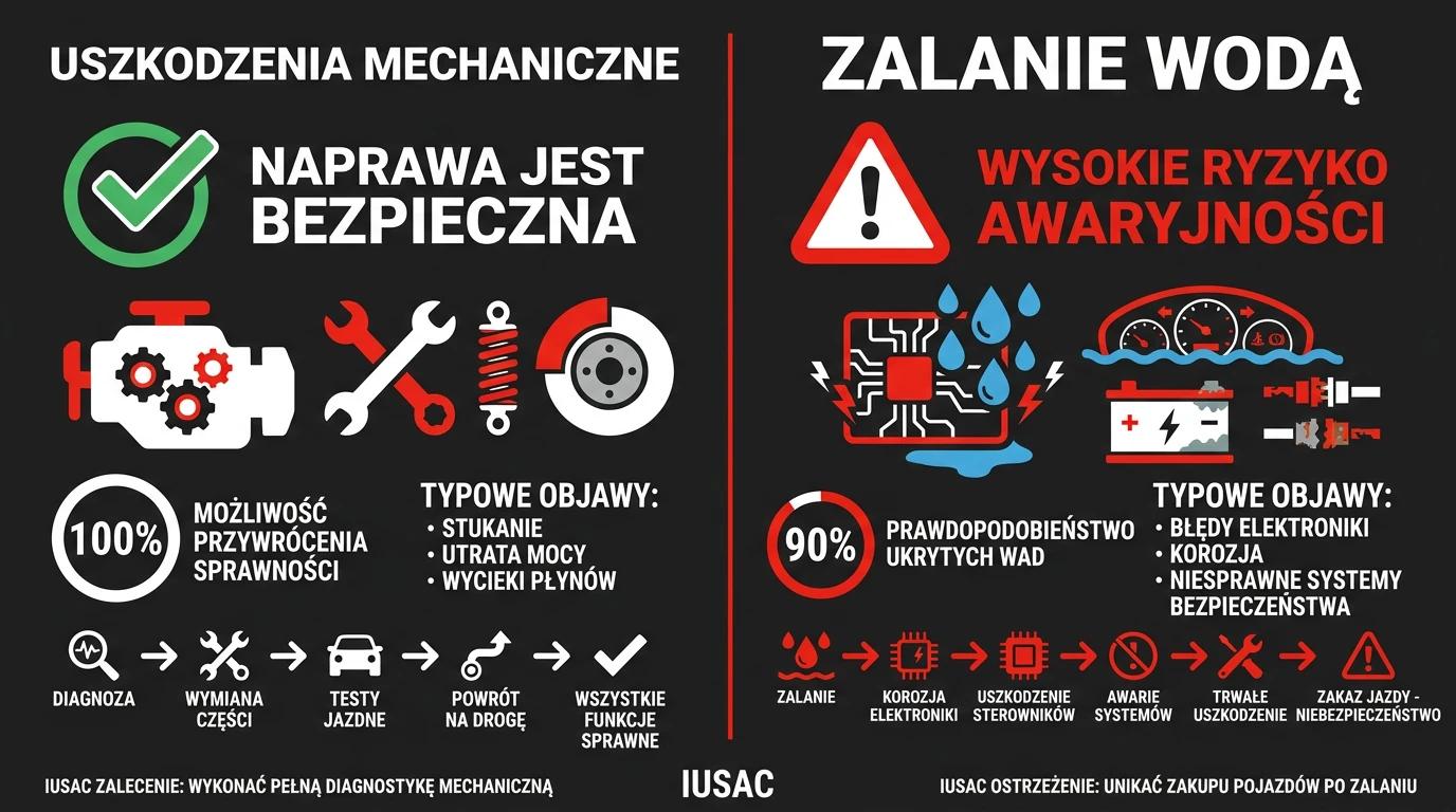 Porównanie uszkodzeń mechanicznych i zalania wodą – infografika IUSAC o bezpiecznym imporcie aut z USA