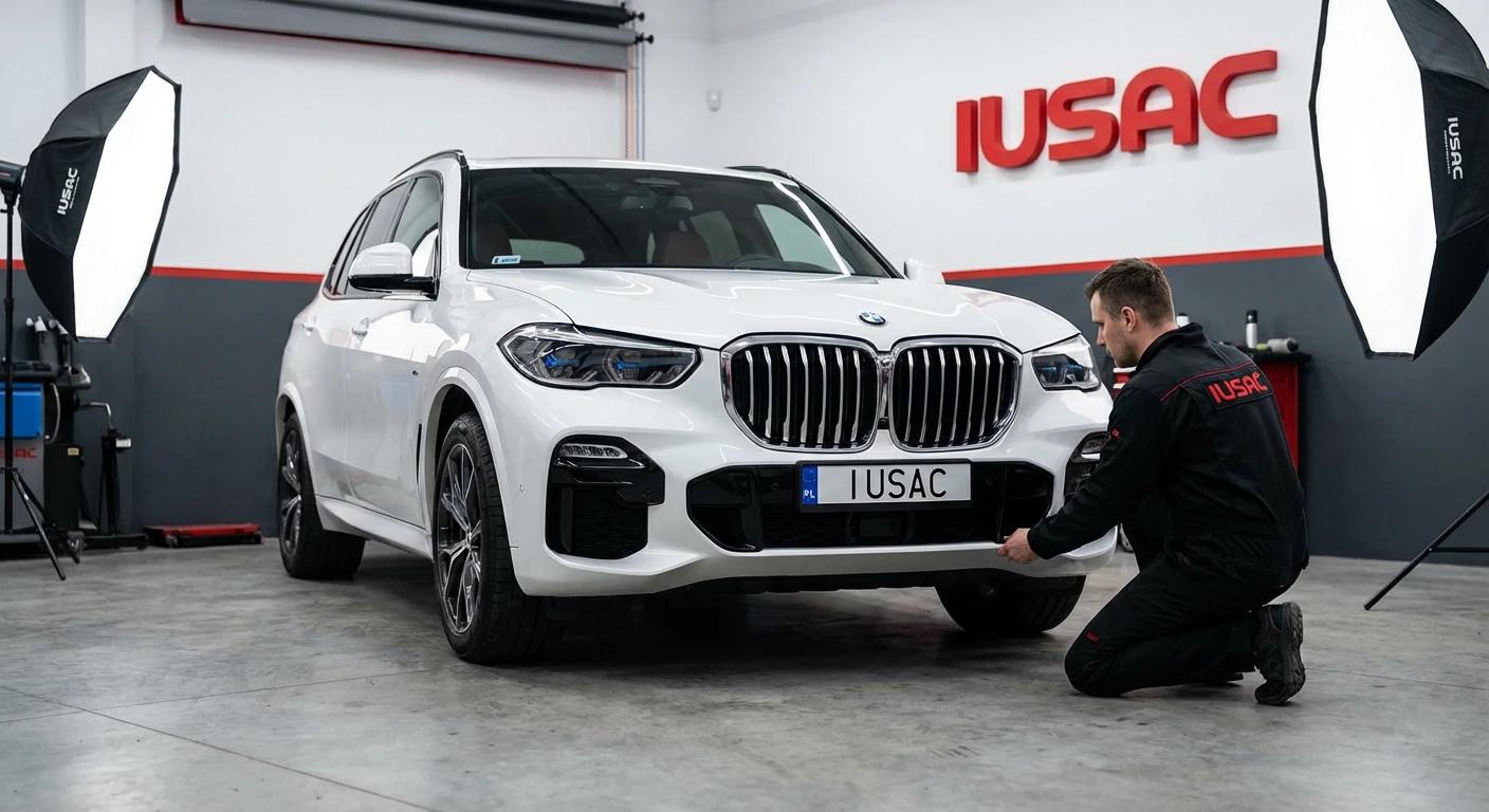 Technik IUSAC weryfikujący stan BMW X5 z USA przed naprawą w polskim serwisie