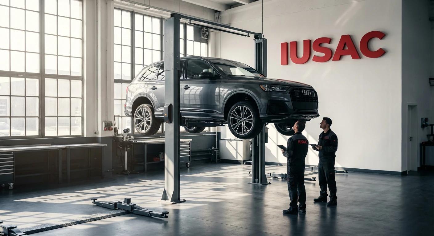 Mechanicy IUSAC sprawdzający podwozie Audi Q7 sprowadzonego z Ameryki