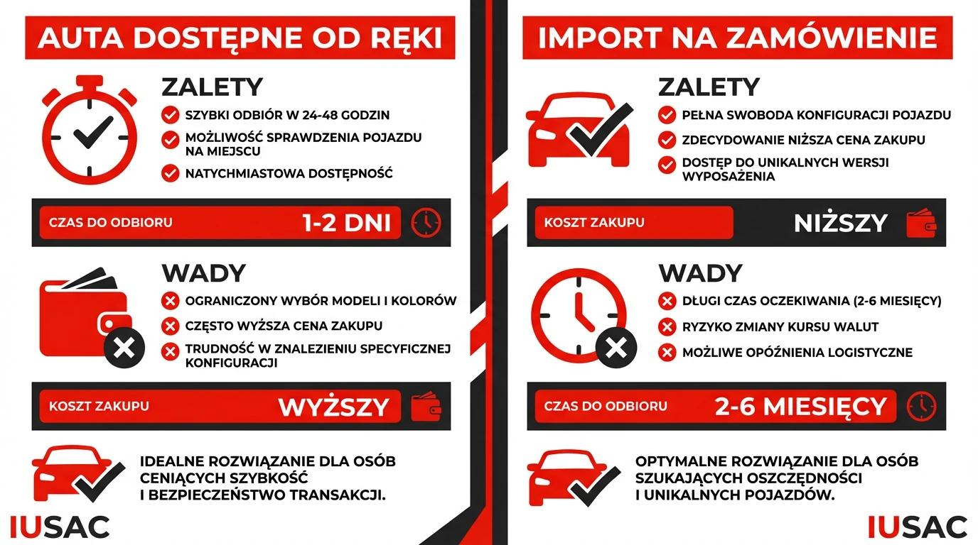 Infografika porównująca auta z USA dostępne od ręki oraz import na zamówienie z IUSAC
