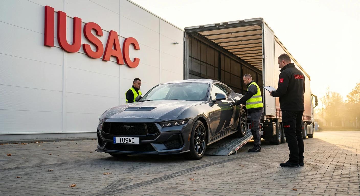 Rozładunek Forda Mustanga sprowadzonego na zamówienie przez IUSAC z USA