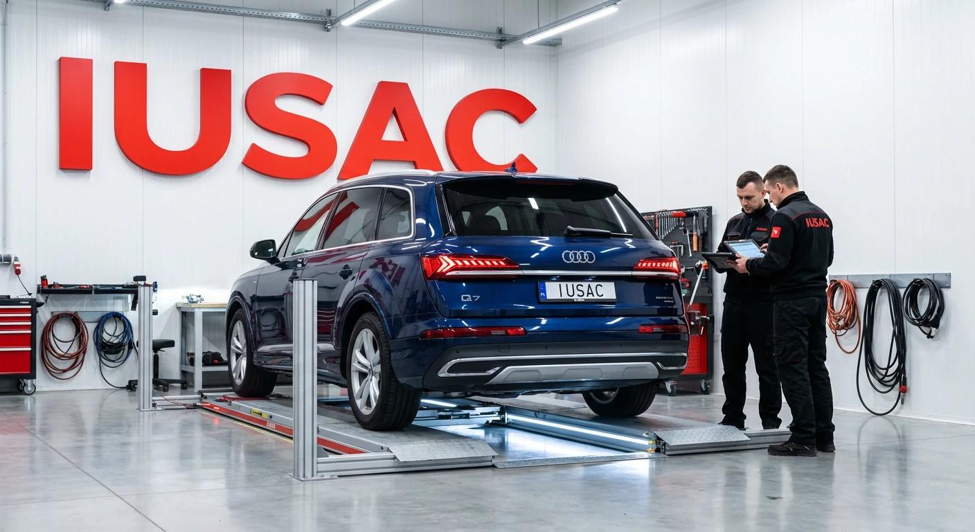 Laserowy pomiar geometrii Audi Q7 podczas naprawy powypadkowej w serwisie IUSAC