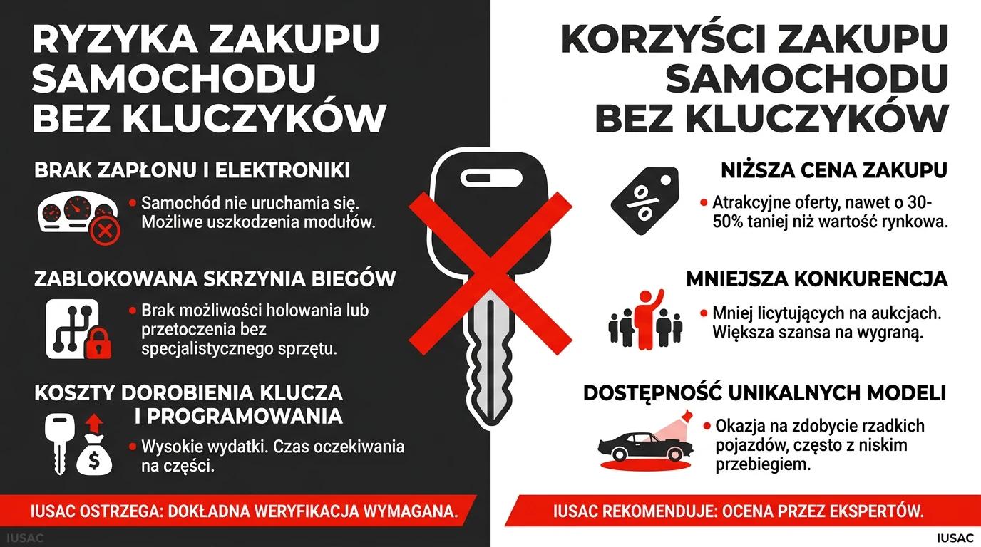 Infografika IUSAC przedstawiająca wady i zalety licytowania aut z USA ze statusem No Keys