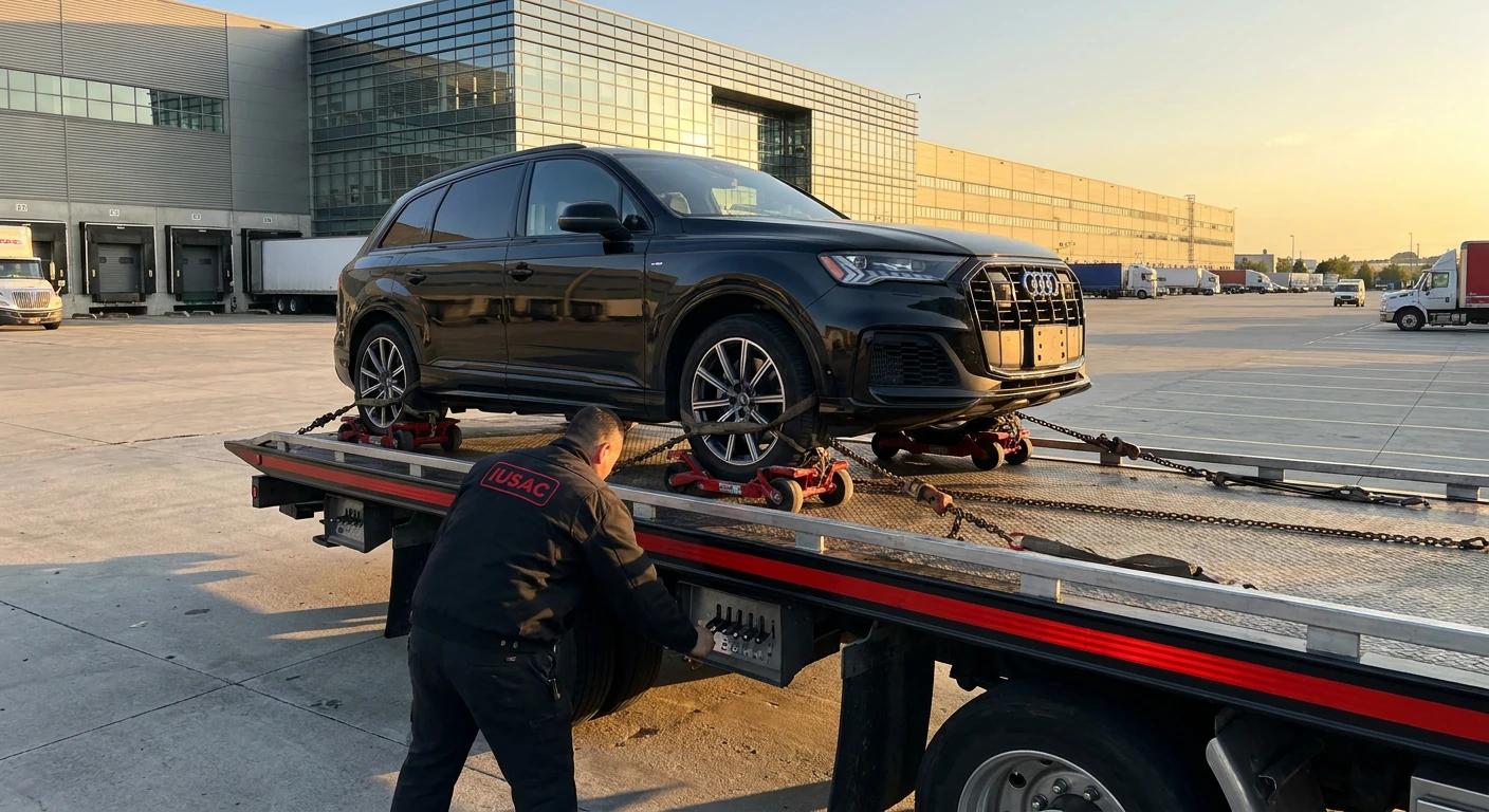 Załadunek zablokowanego Audi Q7 2023 na lawetę przy użyciu specjalistycznych rolek przez zespół IUSAC