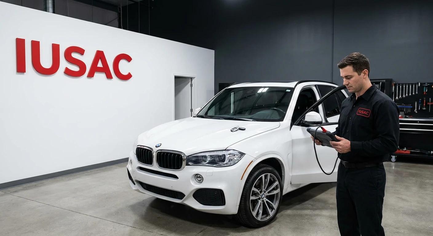 Technik IUSAC kodujący nowy kluczyk do BMW X5 2025 w nowoczesnym serwisie samochodowym